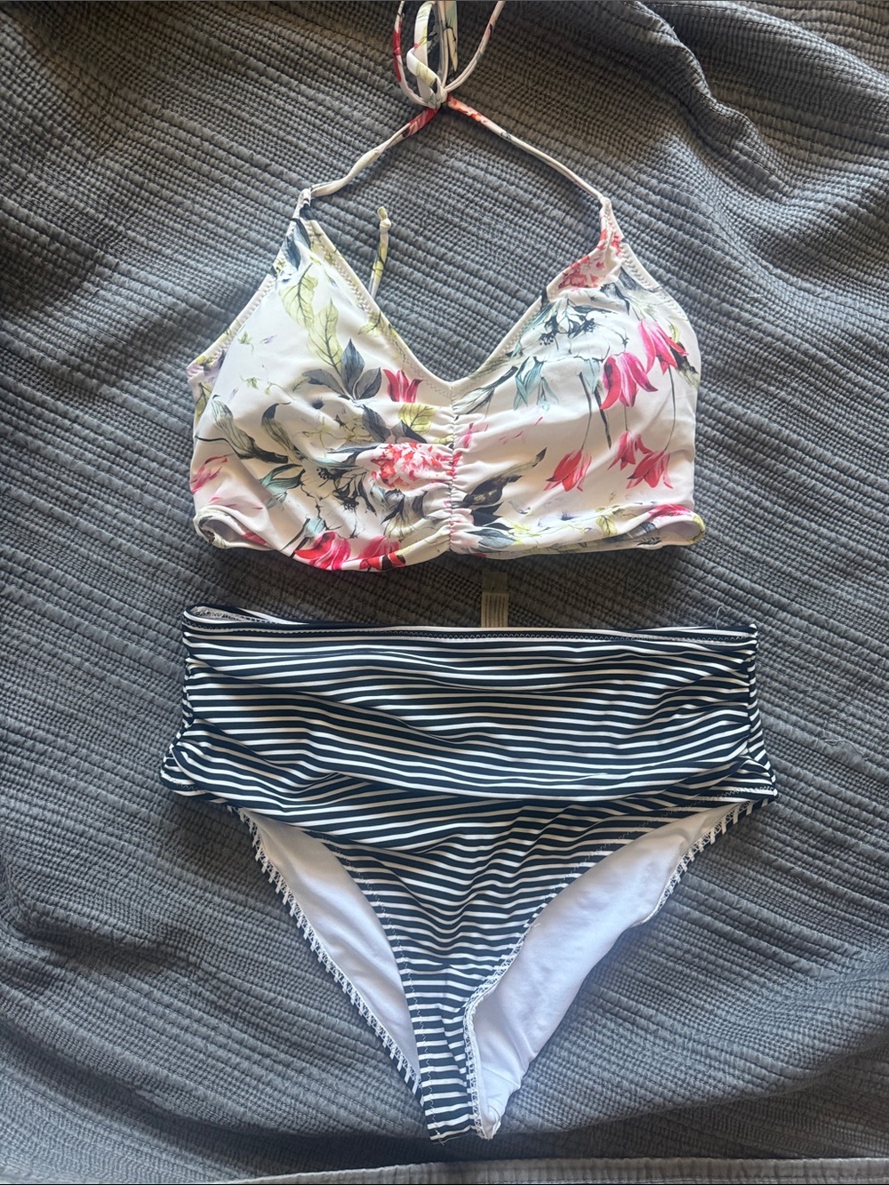 Cupshe Pink Floral Halter Top & Navy White Striped High-Waist Bikini Set